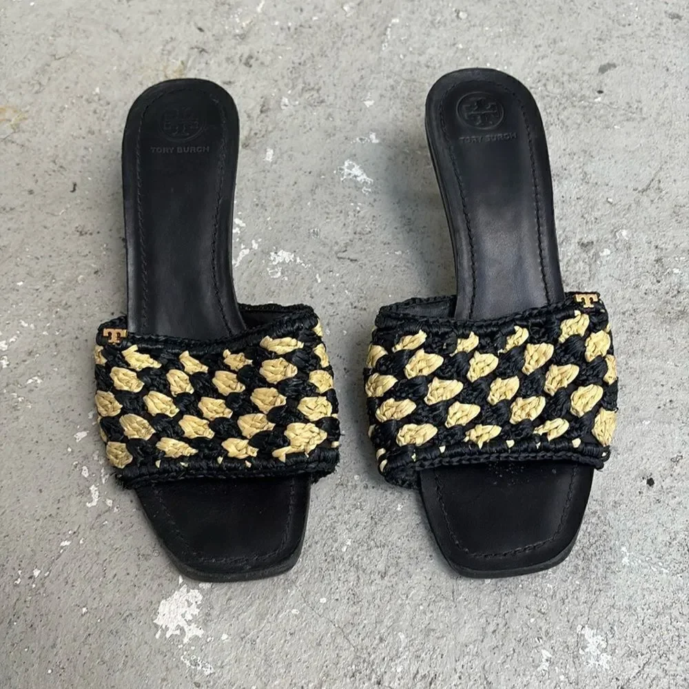 Tory Burch Straw kitten heel mules